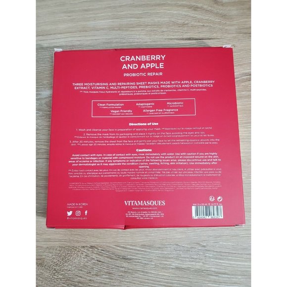 VITAMASQUES Cranberry and Apple Probiotic Repair Sheet Masks 3 Packs NEW - Picture 2 of 3